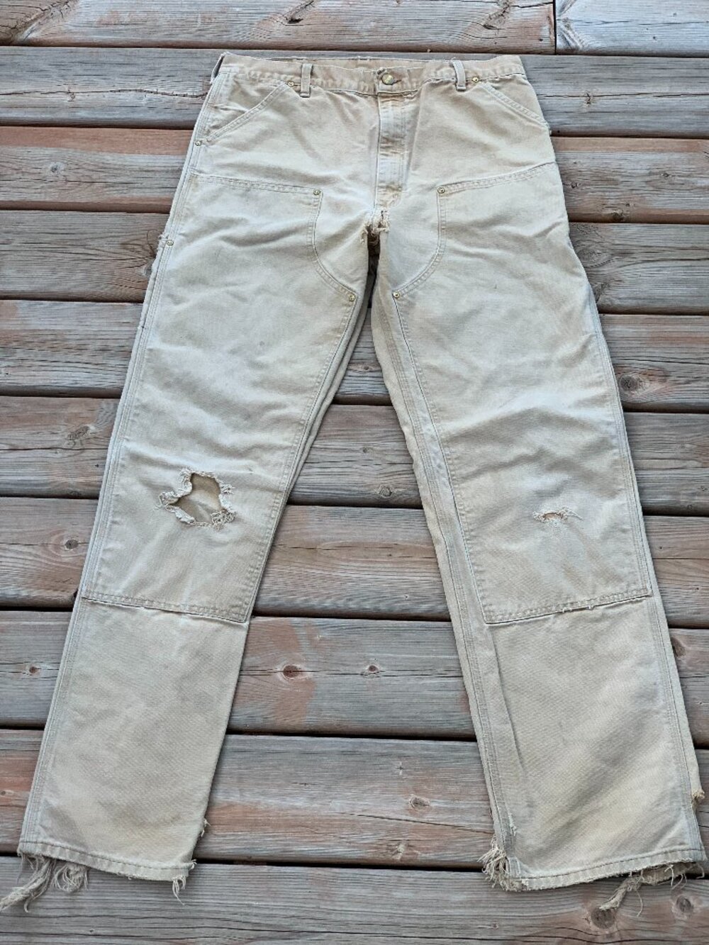 Vtg Carhartt Double Knee Pants 34x34 Tan Faded Distressed Duck Canvas Union Made